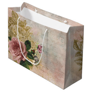 Steampunk Glam   Pink and Gold Rose Rustic Floral Large Gift Bag