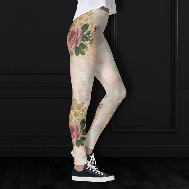 Steampunk Glam | Pink and Gold Rose Rustic Floral Leggings (Creator Uploaded)