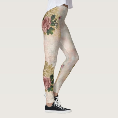 Steampunk Glam  Pink and Gold Rose Rustic Floral Leggings