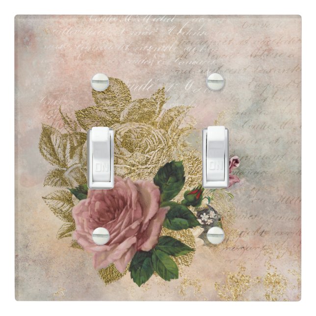 Steampunk Glam | Pink and Gold Rose Rustic Floral Light Switch Cover (In Situ)