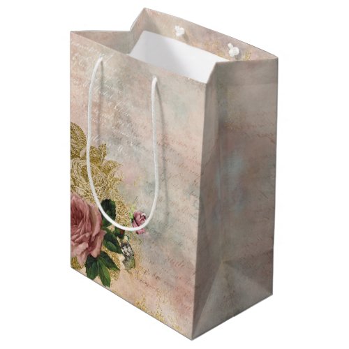 Steampunk Glam  Pink and Gold Rose Rustic Floral Medium Gift Bag