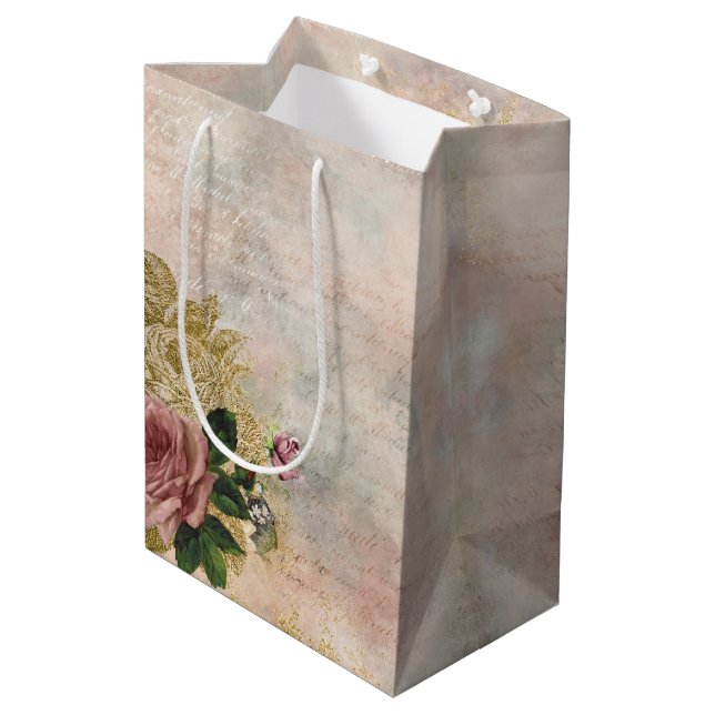 Steampunk Glam | Pink and Gold Rose Rustic Floral Medium Gift Bag (Back Angled)