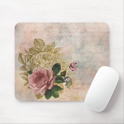 Steampunk Glam  Pink and Gold Rose Rustic Floral Mouse Pad