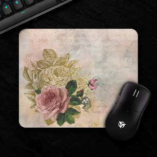 Steampunk Glam   Pink and Gold Rose Rustic Floral Mouse Pad