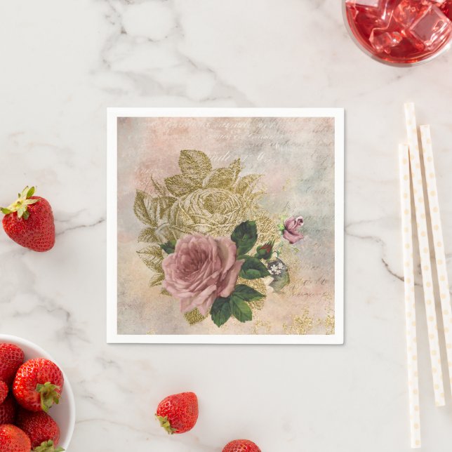 Steampunk Glam | Pink and Gold Rose Rustic Floral Napkins (Insitu)