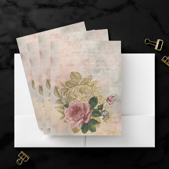 Steampunk Glam | Pink and Gold Rose Rustic Floral Pocket Folder (Creator Uploaded)
