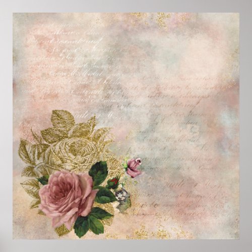 Steampunk Glam  Pink and Gold Rose Rustic Floral Poster