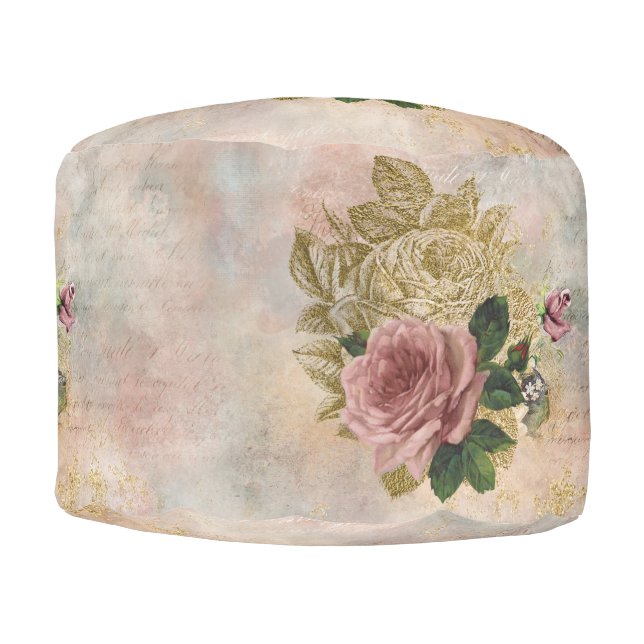 Steampunk Glam | Pink and Gold Rose Rustic Floral Pouf (Front)