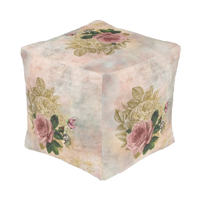 Steampunk Glam | Pink and Gold Rose Rustic Floral Pouf (Angled Front)