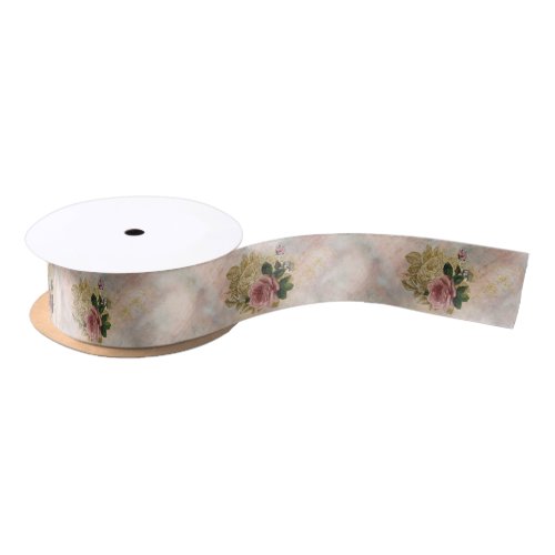 Steampunk Glam  Pink and Gold Rose Rustic Floral Satin Ribbon