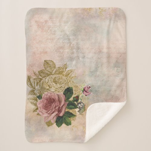 Steampunk Glam  Pink and Gold Rose Rustic Floral Sherpa Blanket