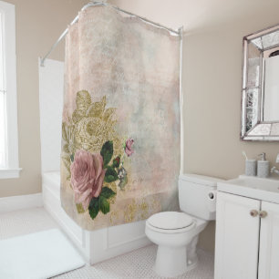 Steampunk Glam Pink and Gold Rose Rustic Floral Shower Curtain