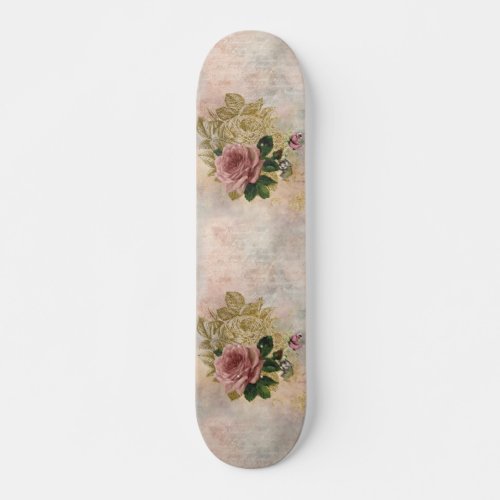 Steampunk Glam  Pink and Gold Rose Rustic Floral Skateboard