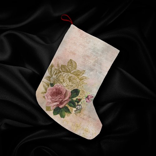 Steampunk Glam  Pink and Gold Rose Rustic Floral Small Christmas Stocking