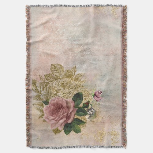 Steampunk Glam  Pink and Gold Rose Rustic Floral Throw Blanket