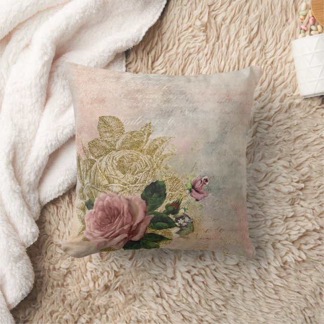 Steampunk Glam | Pink and Gold Rose Rustic Floral Throw Pillow (Blanket)