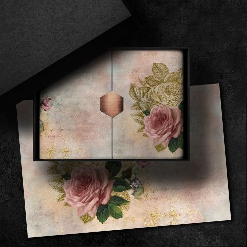 Steampunk Glam  Pink and Gold Rose Rustic Floral Tissue Paper