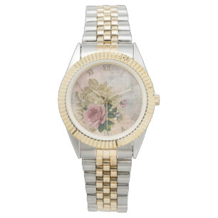 Steampunk Glam Pink and Gold Rose Rustic Floral Watch