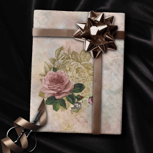 Steampunk Glam  Pink and Gold Rose Rustic Floral Wrapping Paper