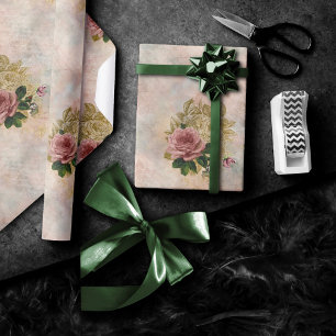 Steampunk Glam Pink and Gold Rose Rustic Floral Wrapping Paper