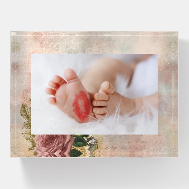 Steampunk Glam | Pink and Gold Rose Rustic Photo Paperweight (Front)