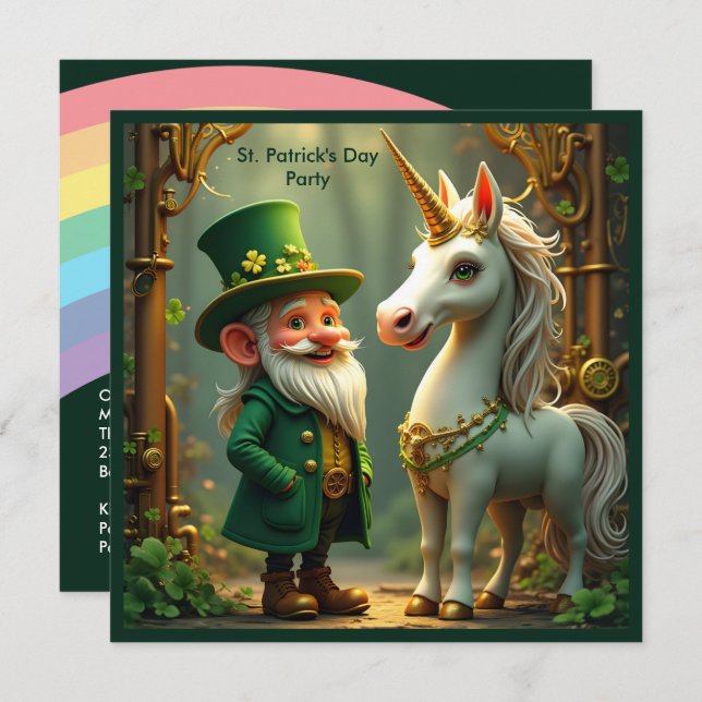 Steampunk Gnome-Leprechaun Unicorn St Patricks Day Invitation (Front/Back)