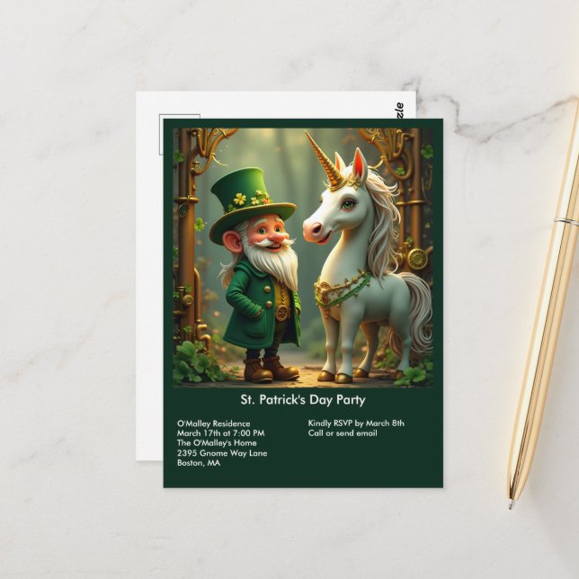 Steampunk Gnome-Leprechaun Unicorn St Patricks Day Postcard (Front/Back In Situ)