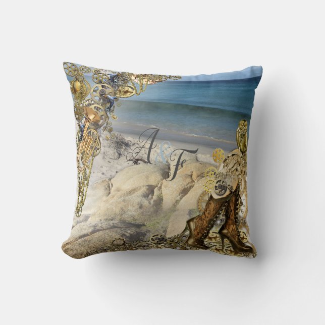 Steampunk Golden Blush & Powder-blue  Wedding Gift Throw Pillow (Front)