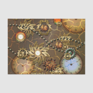 Steampunk golden design with clocks and giers tissue paper
