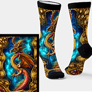 Steampunk Golden Dragon & Blue Sky on Black  Socks