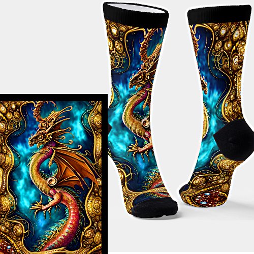 Steampunk Golden Dragon  Blue Sky on Black  Socks