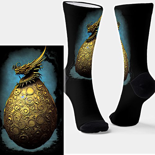 Steampunk Golden Dragon Egg on Black  Socks