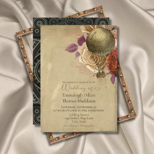 Steampunk Golden Hot Air Balloon Floral Wedding Invitation