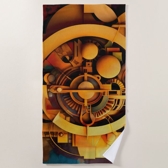 Steampunk Golden Mechanism Abstract Beach Towel (Front)