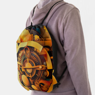 Steampunk Golden Mechanism Abstract Drawstring Bag