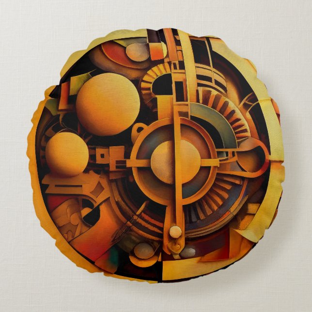 Steampunk Golden Mechanism Abstract Round Pillow (Front)