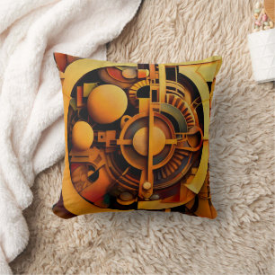 Steampunk Golden Mechanism Abstract Throw Pillow