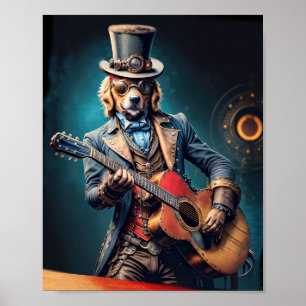 Steampunk Golden Retriever playing guitar Poster