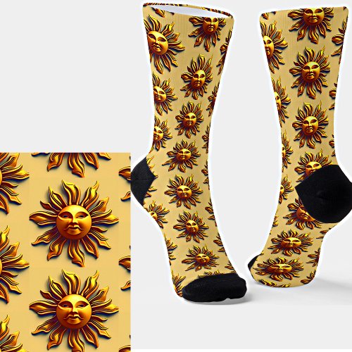 Steampunk Golden Sun Face on Light Gold Brown Socks