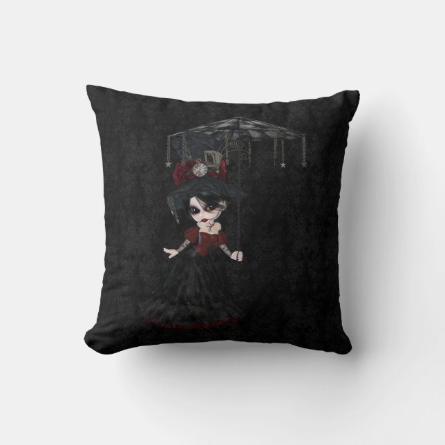 Steampunk Goth Girl Black Damask Pillow (Front)