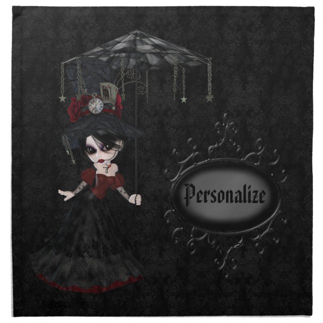 Steampunk Goth Girl Personalized Damask Napkins (Front)