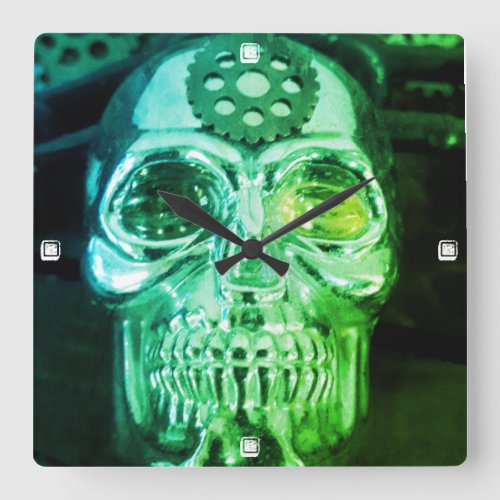 Steampunk Gothic Green Skull Gear Cogs Futuristic Square Wall Clock