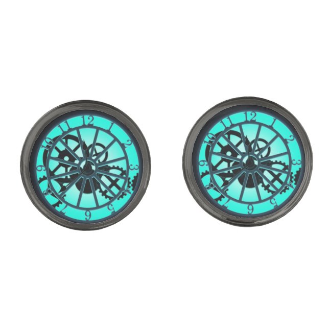 Steampunk Gothic Ironwork Clock With Visible Gears Cufflinks (Front)