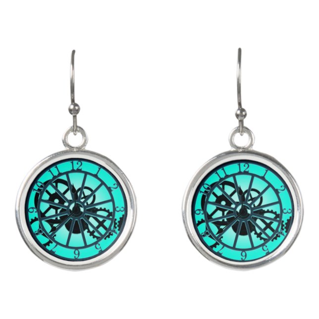 Steampunk Gothic Ironwork Clock With Visible Gears Earrings (Front)