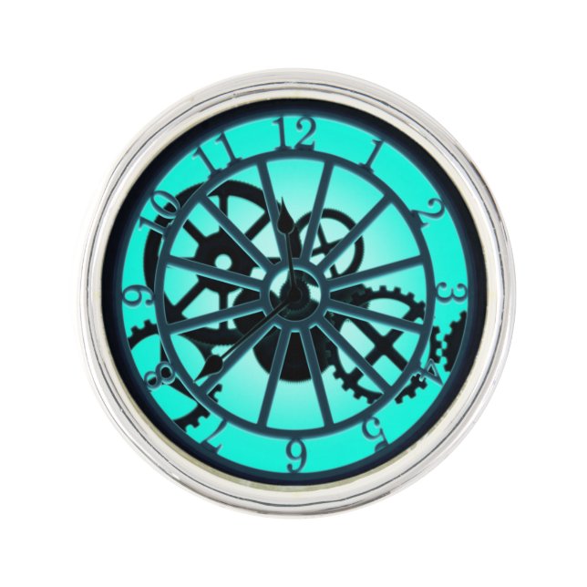 Steampunk Gothic Ironwork Clock With Visible Gears Lapel Pin (Front)