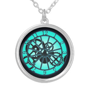 Steampunk Gothic Ironwork Clock With Visible Gears Silver Plated Necklace