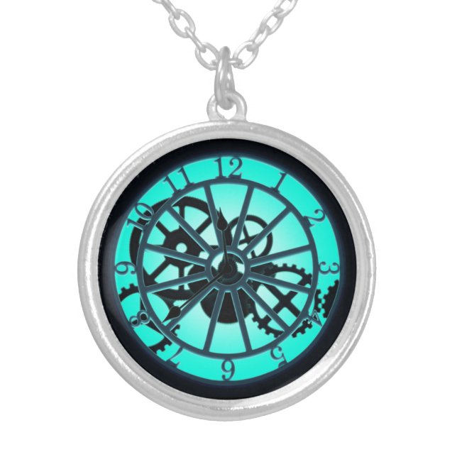 Steampunk Gothic Ironwork Clock With Visible Gears Silver Plated Necklace (Front)