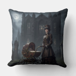 Steampunk Gothic Mother with Victorian Children Throw Pillow