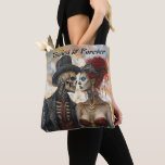 Steampunk Gothic Skeleton Couple Industrial Look Tote Bag<br><div class="desc">This bold and visually striking canvas tote showcases a steampunk and gothic-inspired duo, each dressed in elaborate and intricate attire. The figure on the left, wearing a black top hat and a black coat with gold buttons, a red vest, and a red tie, while its skull-like mechanical face adds an...</div>