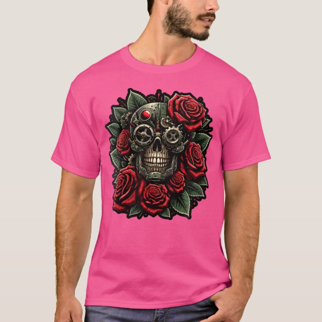 Steampunk Gothic Skull Red Roses Dark Grunge Graph T-Shirt (Front)